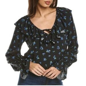 We Wore What Revolve Ruffle Long Sleeve Crop Blouse Black Blue Flowers Sz S Boho